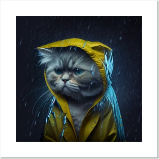 Sad Cat Wearing a Raincoat Posters and Art